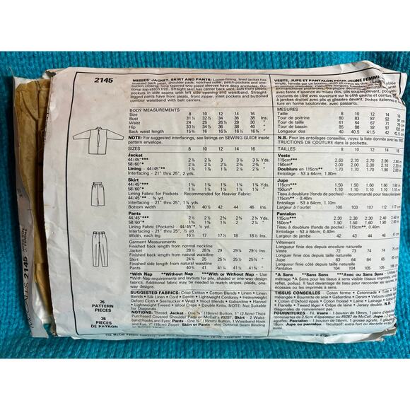 McCalls 2145 boxy blazer pants pencil skirt suit 1980s pattern sz 12 - Picture 5 of 5